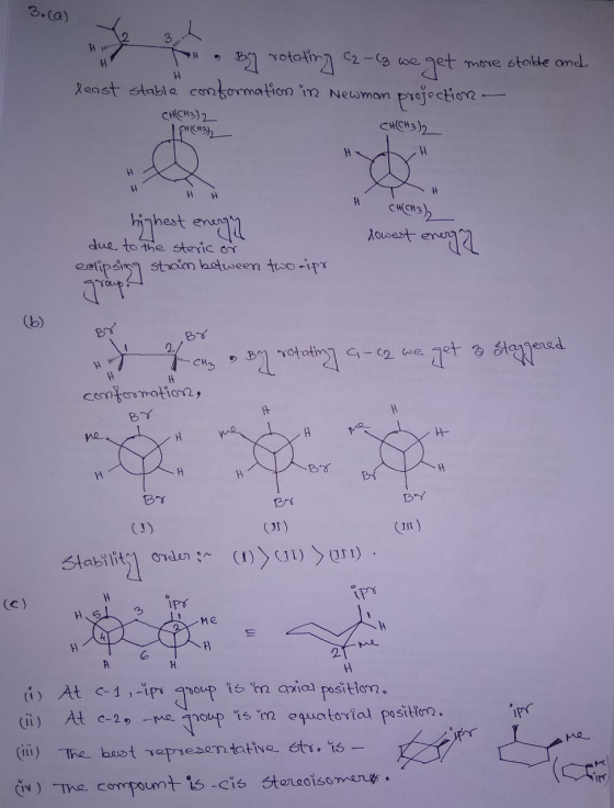 3.ca) to By rotating C2 C3 we get more stable and Reast stable conformation in Newmon projection - CH(CH3)2 CH(CH3), CH(CH3)₂