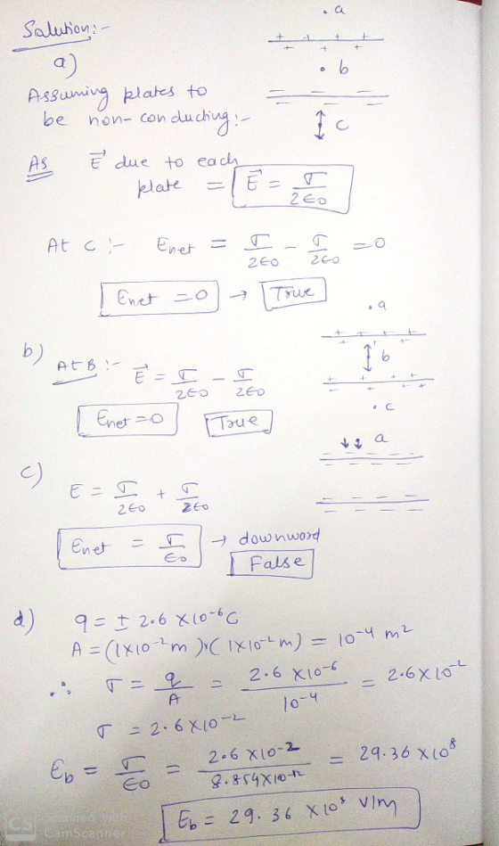 Salution : - + a) Assuming plates to be non-conducting :- AS E due to each - plate = [E = 20 At ci- Enet = I Enet 20 - Towel
