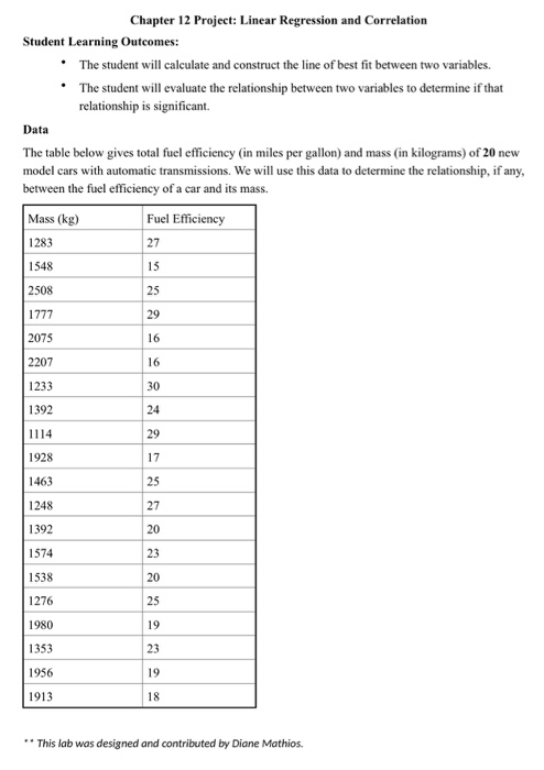 Chapter 12 Project: Linear Regression and Correlation Student Learning Outcomes: • The student will calculate and construct t