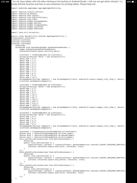 2:01 AM 49% should show tables with info after clicking on the buttons in Android Studio. I still can not get what shoulder I