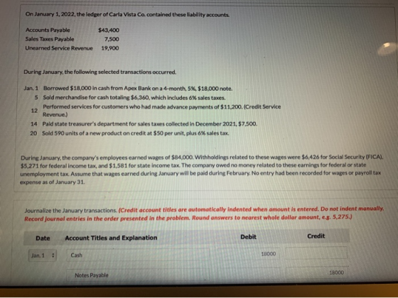 On January 1, 2022, the ledger of Carla Vista Co. contained these liability accounts. Accounts Payable Sales Taxes Payable Un