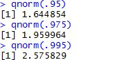 qnorm(.95) [1] 1.644854 qnorm.975) [1] 1.959964 qnorm.995) 11 2. 575829
