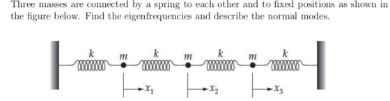 Three masses are connected by a spring to each other and to fixed positions as shown in the figure below. Find the eigenfrequencies and describe the normal modes 2