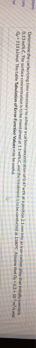 tions Determine the carburizing time necessary to achieve a carbon concentration of 0.47 wts at a position 2.1 mm into an iro