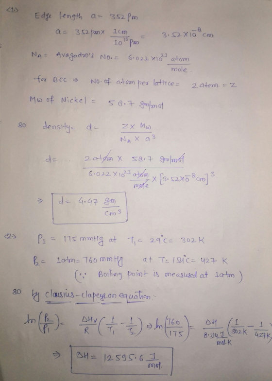 (1) Edge length a= 352pm as 352 pm 1cm 3.52x10 cm. 10 10pm NA = Avagadros No.2 61022x183 atom mole for B cc No of atom per l