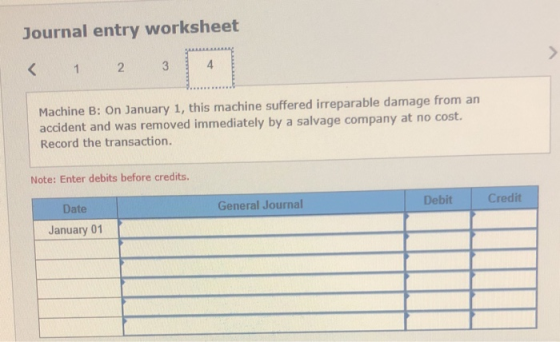 Journal entry worksheet > < 3 4 1 2 Machine B: On January 1, this machine suffered irreparable damage from an accident and wa