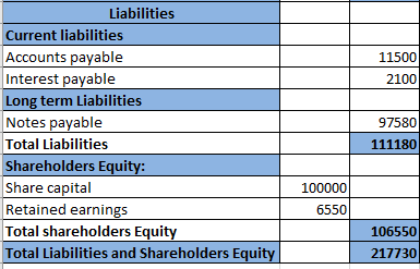 Liabilities Current liabilities Accounts payable Interest payable Long term Liabilities Notes payable Total Liabilities Share