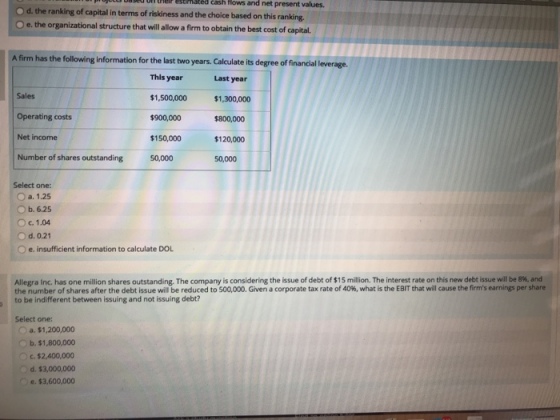 sted cash Hlows and net present values. d. the ranking of capital in terms of riskiness and the choice based on this ranking. Oe. the organizational structure that will llow a firm to obtain the best cost of capital A firm has the following information for the last two years. Calculate its degree of financial leverage Sales Operating costs Net income Number of shares outstanding This year $1,500,000 $900,000 $150,000 50,000 Last year $1,300,000 $800,000 120,000 50,000 Select one: O a. 1.25 b. 6.25 Oc.1.04 O d. 0.21 O e, insufficient information to calculate DOL Allegra Inc. has one million shares outstanding. The company is considering the issue of debt of S15 malion. The interest rate on this new debt issue will be 9%, and the number of shares after the debt issue ill be reduced to 50 00 Given a corporate tax rate of 40%, what is the EBIT that cause the fr san per share to be indifferent between issuing and not issuing debt? Select one: a. $1,200,000 b. $1,800,000 O c. $2,400,000 d. $3,000,000 e. $3,600,000