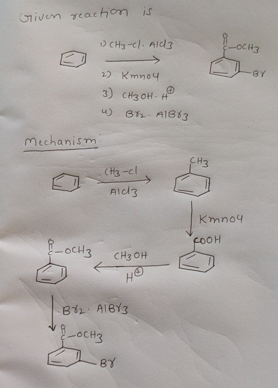 Given reaction is 1) CH3-Cl. Ald3 -OcH3 2) Knnoy 3) CH3OH. H 3%. AlB83 mechanism. (H3-cl Hz @ (H3-cı Ald Kmnou COOH _OCH3 C