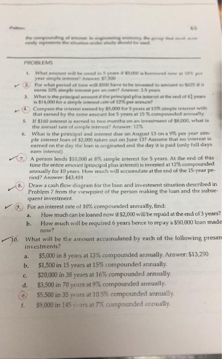 6s PROBLEM 1. what an ount will be owed in S year, i, SS00 browed now at 10% per year simple interest Answer 57,300 rd:: For