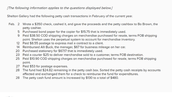 The following information applies to the questions displayed below. Shelton Gallery had the following petty cash transactions
