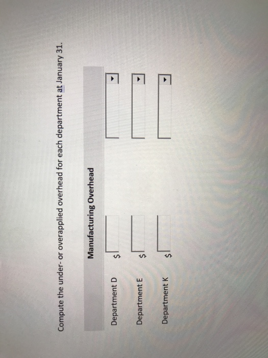 Compute the under-or overapplied overhead for each department at January 31. Manufacturing Overhead Department D Department E