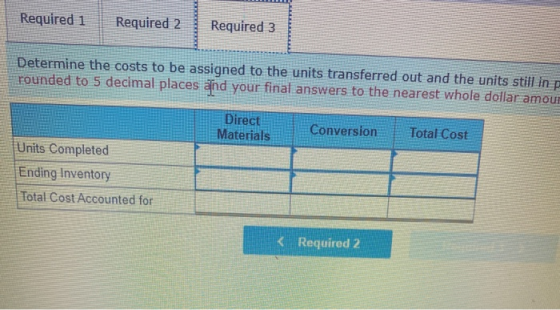 Required 1 Required 2 Required 3 Determine the costs to be assigned to the units transferred out and the units still in p rou