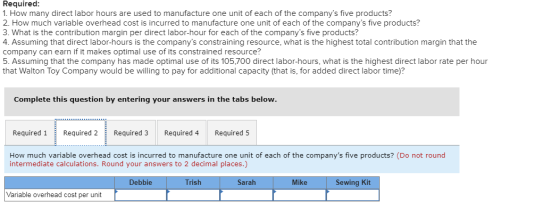 Required: 1. How many direct labor hours are used to manufacture one unit of each of the companys five products? 2. How much