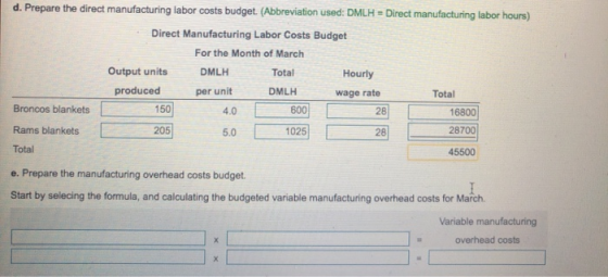 d. Prepare the direct manufacturing labor costs budget. (Abbreviation used: DMLH = Direct manufacturing labor hours) Direct M