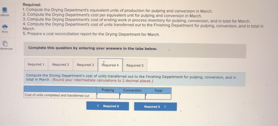Required: 1. Compute the Drying Departments equivalent units of production for pulping and conversion in March 2. Compute th