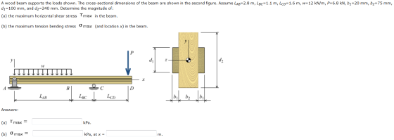 A wood beam supports the loads shown. The cross-sectional dimensions of the beam are shown in the second figure. Assume LAB=2