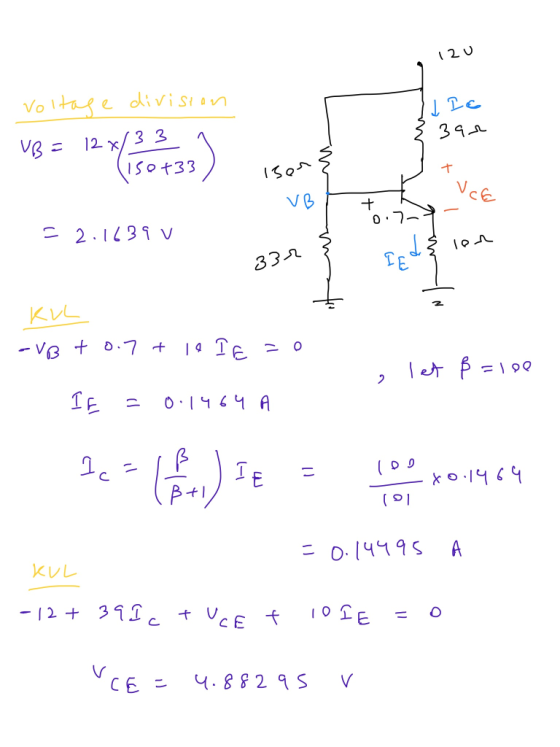 voltage division Į Io { 3an VB = 12 *( 56 733) liso +33 isen Isons ) VB . + 0.7-4- . = 2.1639 v s 33-2 Busy Ird & lon KUL -VB