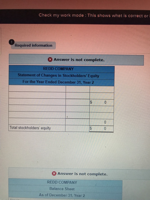 Check my work mode : This shows what is correct or Required information & Answer is not complete. REDD COMPANY Statement of C