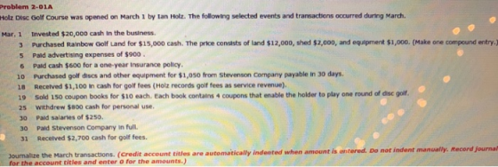 5 Problem 2-01A Holz Disc Golf Course was opened on March 1 by Ian Holz. The following selected events and transactions occur