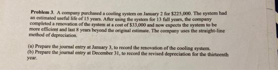 Problem 3. A company purchased a cooling system on January 2 for $225,000. The system had an estimated useful life of 15 year