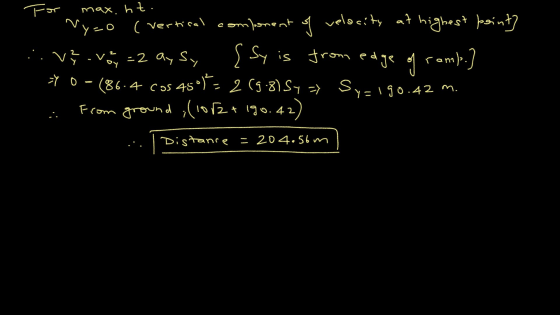 For max.ht. Ny=o (vertical component of velocity at highest point] Vz-voy = 2 ay sy { Sy is from edge og ramp.] >Y 0 - (86.4
