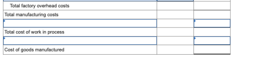 Total factory overhead costs Total manufacturing costs Total cost of work in process Cost of goods manufactured