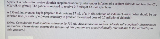 A patient is ordered to receive chloride supplementation by intravenous infusion of a sodium chloride solution [Na CI, MW-58.