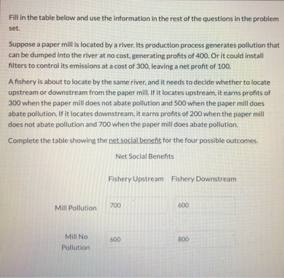 Fill in the table below and use the information in the rest of the questions in the problem Set. Suppose a paper mill is loca