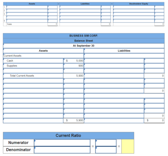 Assets Liabilities Stockholders Equity 1 2 3 4 Totals BUSINESS SIM CORP. Balance Sheet At September 30 Assets Liabilities Cu