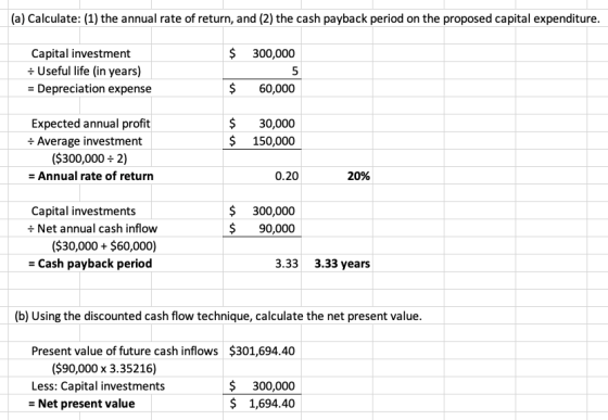 (a) Calculate: (1) the annual rate of return, and (2) the cash payback period on the proposed capital expenditure. $ 300,000
