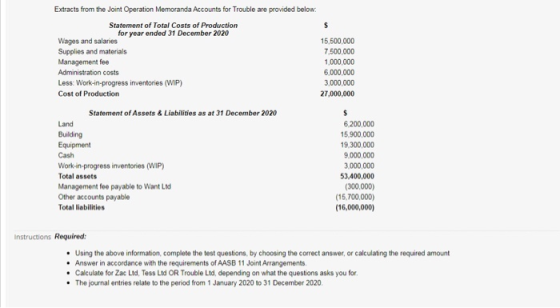 Extracts from the Joint Operation Memoranda Accounts for Trouble are provided below: Statement of Total Costs of Production $