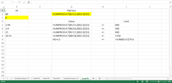 A1 x4 Obj func 2 80 3 0 4 5 3.99 6 1.9 7 25 8 10.55 9 10 -SUMPRODUCT(B2:E2,SB$3:ŞE$3) Value Limit -SUMPRODUCT(B5:E5,SBS3:$E$3