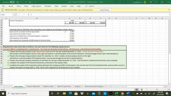 AutoSave Off Have Unit 1 Project Fall 2020 (2) - Protected View - Excel guada gucci GG File Home Insert Draw Page Layout Form