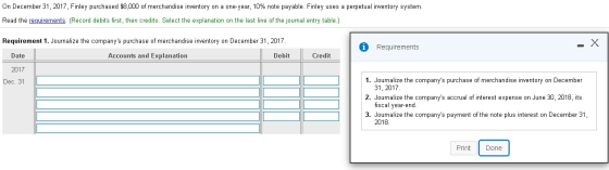 On December 31, 2017, Finley purchased $8,000 of merchandise inventory on a one-year, 10% note payable. Finley uses a perpetu