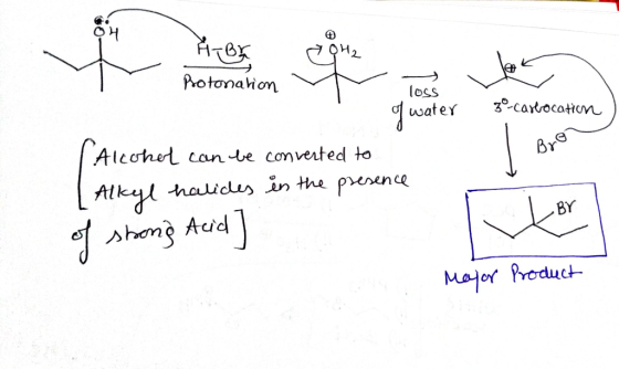rior Protonation TOSS of water 30-carlocation Alcohet can be converted to Bron Alkyl halides in the presence of stong Acid] M