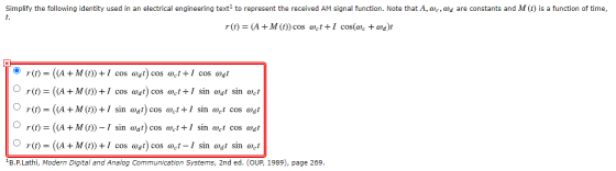 Simplify the following identity used in an electrical engineering text to represent the received AM signal function. Note tha
