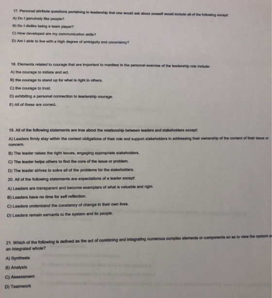 17. Personal attribute questions pertaining to leadership that one would ask about oneself would include all of the following