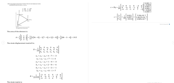 6.5. For the triangular element shown in Fig. P6,5, obtain the strain-displacement relation matrix B and determine the strain