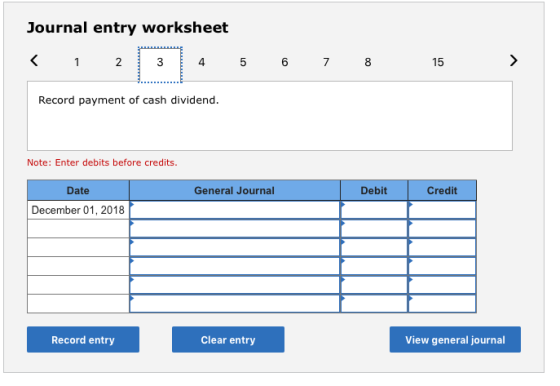 Journal entry worksheet < 1 2 3 4 5 6 7 8 15 > Record payment of cash dividend. Note: Enter debits before credits. General Jo