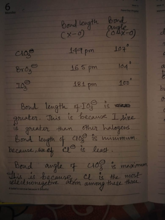 Monday Bond length Bond 149pm cloe 107° Broge - 165pm 181pm 104° 100 20,0 Boud length of 10 is greater. This is because I siz