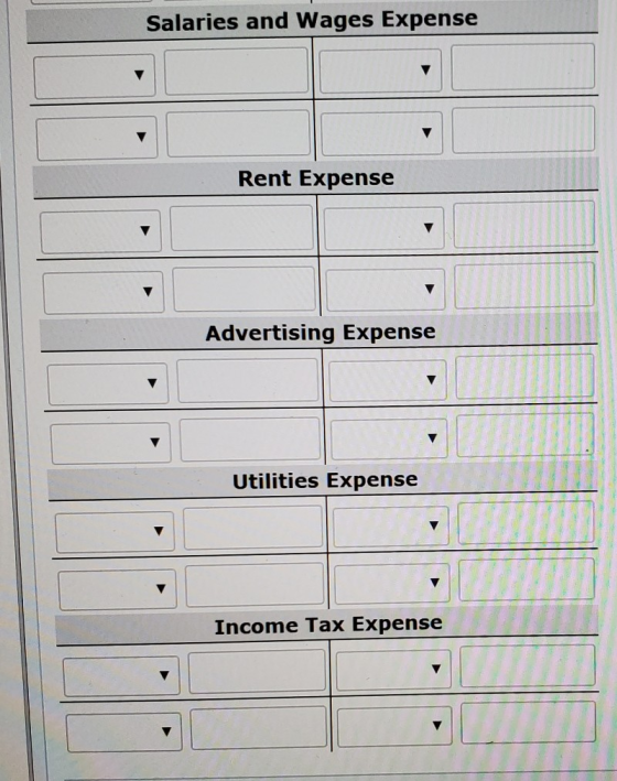 Salaries and Wages Expense Rent Expense LL LL UTI Advertising Expense LLL . Utilities Expense TO 11 Income Tax Expense