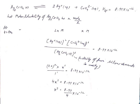 8.99*10-12. Aa crou is = 2 Age Carl + Crou (aq), Ksp = het Molas solubility of Ag Crou be a mole 2am tata - RM (Agt lag)] [Cr