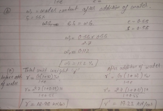 W waler content after additon of oater e-6.55 es a.7 P.Hes actabiton of water To tal Unit weight f before adel y- G) wates Y>