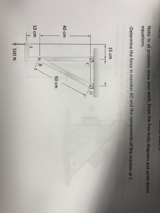 Note: In all problems show your work, Draw the free body diagrams and write down equations -Determine the force in member BD and the components of the reaction at C. 15 cm o D 40 cm 50 cm 10 cm 500 N