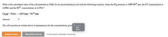 What is the calculated value of the cell potential at 298K for an electrochemical cell with the following reaction, when the