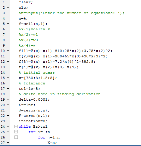 TL 1 clear; clc; $n=input(Enter the number of equations: ); n=4; f=cell (n,1); $x (1) Edelta ? $x (2) =w1 $x (3)=w3 $x (4)