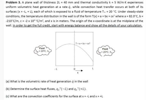 Problem 3. A plane wall of thickness 2L = 40 mm and thermal conductivity k = 5 W/m.K experiences uniform volumetric heat gene