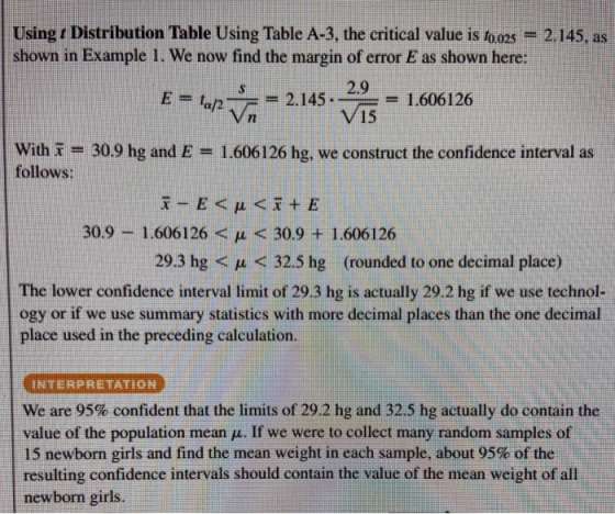 Using Distribution Table Using Table A-3, the critical value is 10.025 = 2.145, as shown in Example 1. We now find the margin