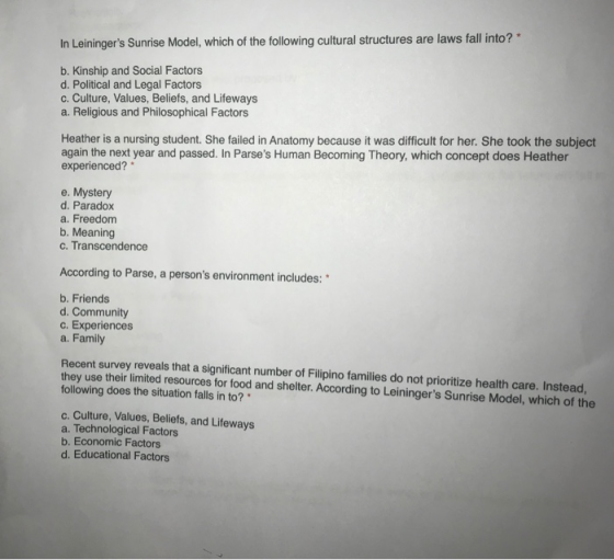 In Leiningers Sunrise Model, which of the following cultural structures are laws fall into? b. Kinship and Social Factors d.